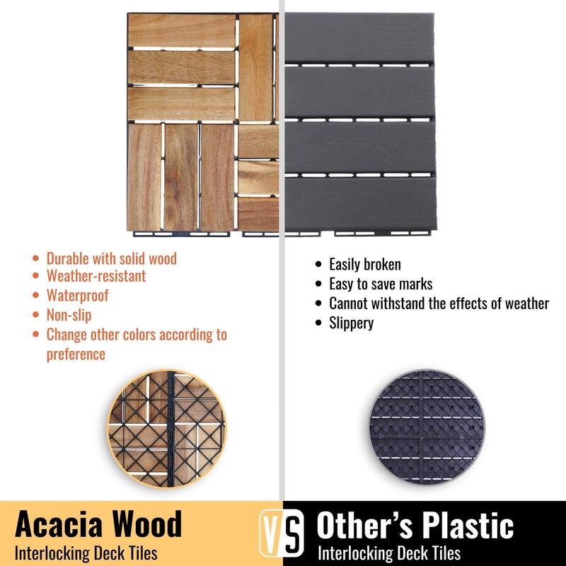 10 PCS Interlocking Deck Tiles Checker Pattern, 12" x 12" Square Acacia Hardwood Outdoor Flooring for Patio,Bancony,Pool Side