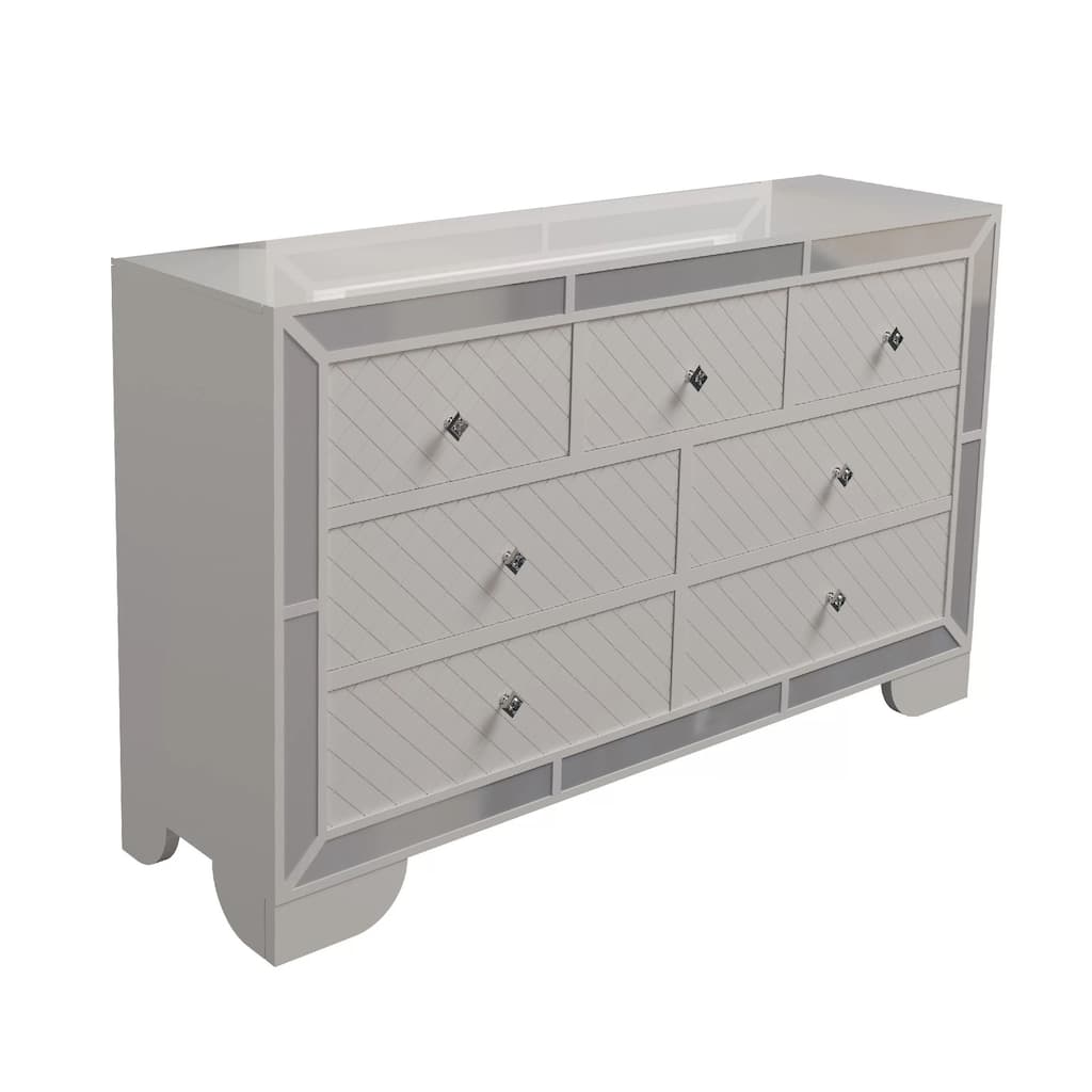 Athon Wide Dresser with 7 Drawers, Diamond Patterns, Ivory Wood