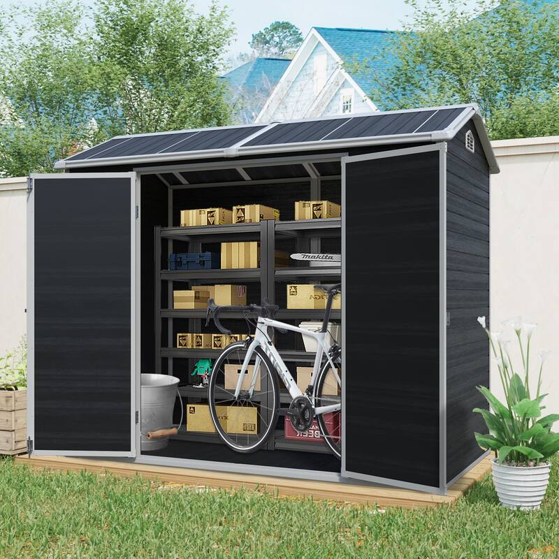 8ft x 4ft Outdoor Storage Shed – Plastic Shed with Two Windows, Double Doors & Floor for Garden, Patio, Yard & Lawn