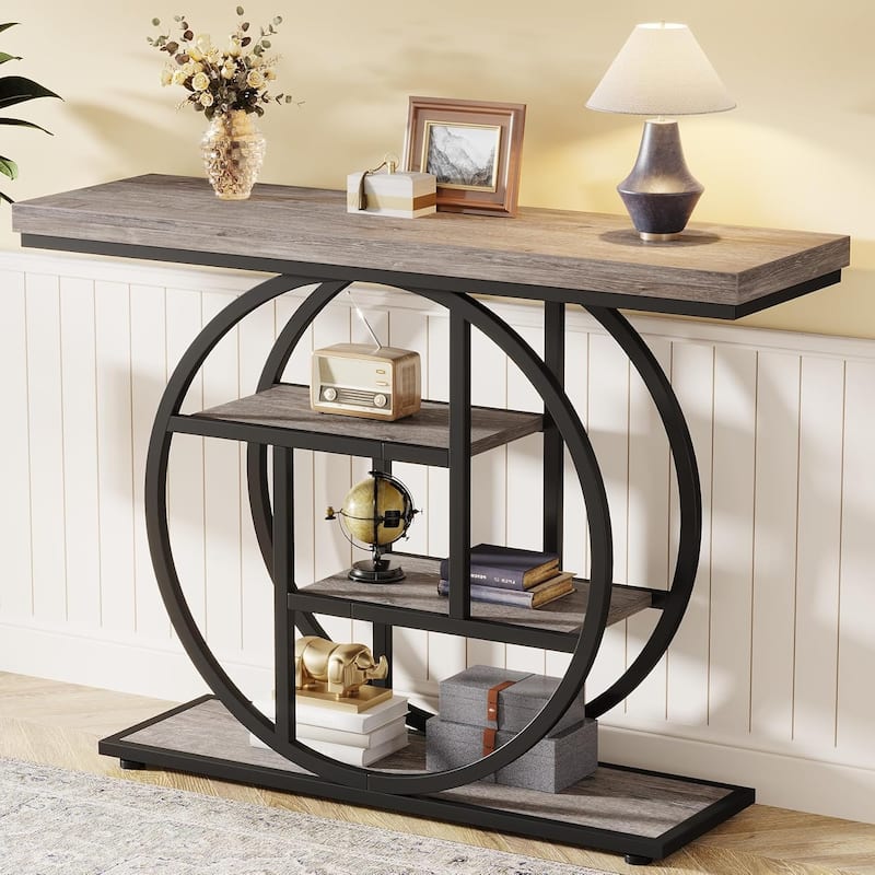 41.3" Console Table, Industrial 4-Tier Entryway Table with Circle Base - 41.3" W x 11.8" D x 31.5" H
