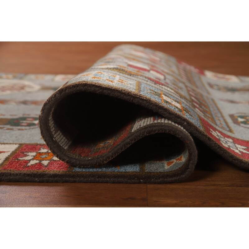 Hand Knotted Oriental 100% Wool Carpet Traditional Tribal Greys & Charcoal Heriz (serapi) Runner Rug - 9' 9'' X 3' 10''