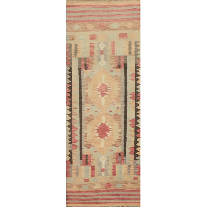 Hand Woven Oriental 100% Wool Carpet Southwestern Tribal Multi-Colored Kilim Runner Rug - 9' 9'' X 2' 9''