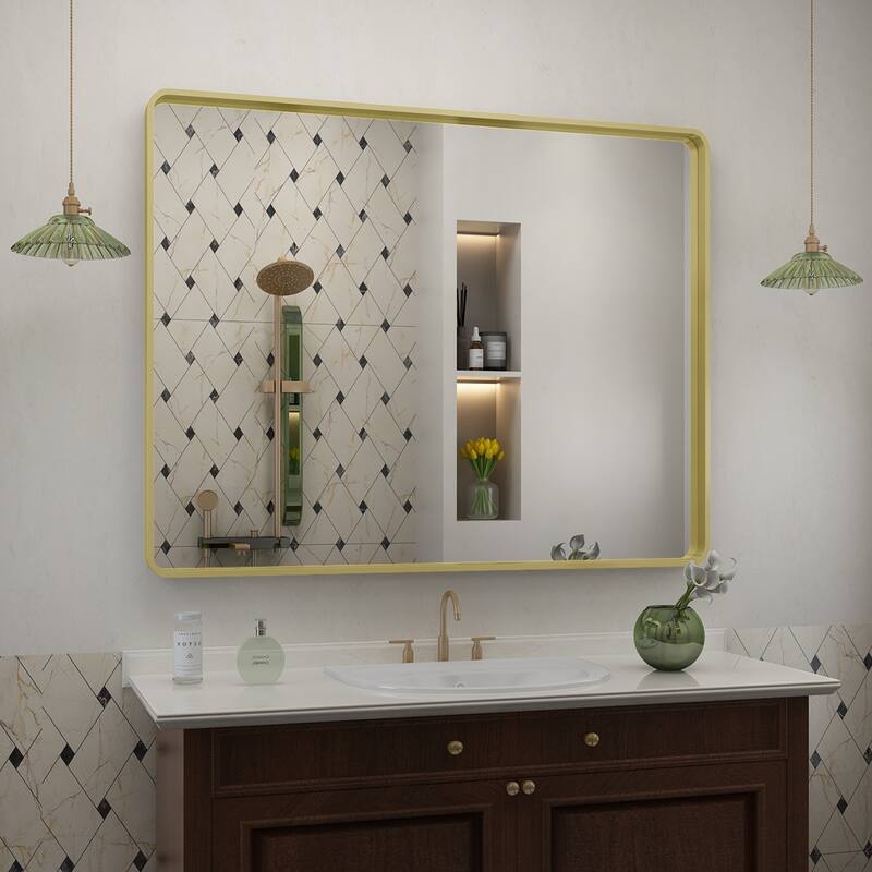 Aluminum alloy Framed Tempered Glass Wall Bathroom Vanity Mirror - 40" x 32" - Gold
