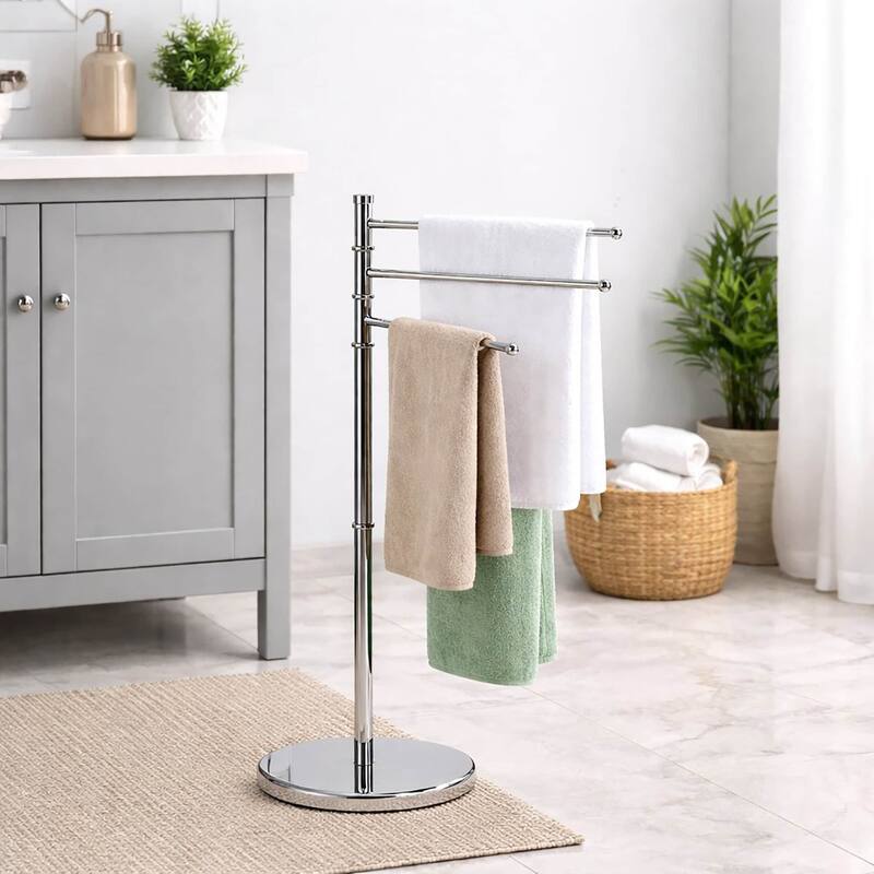 Freestanding 3-Arm Towel Rack in Stainless Steel - 19 L x 10 W x 34 H - 19 L x 10 W x 34 H - Silver