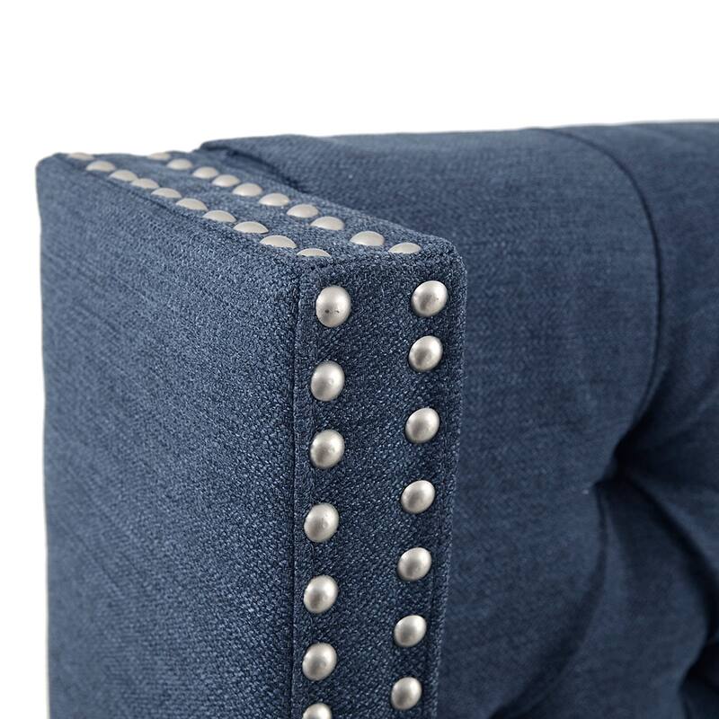 Queen Navy Upholstered Tufted Wingback Headboard with Nailhead Trim