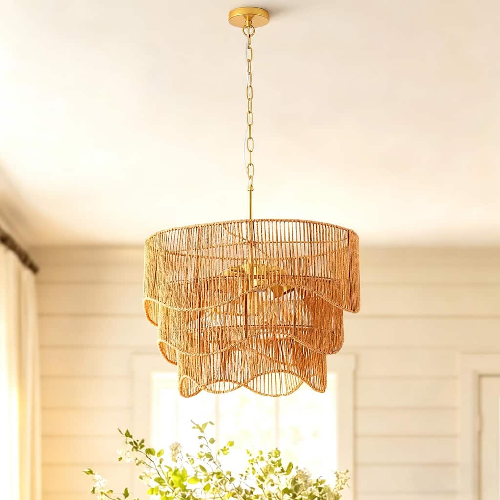 24 in Rattan Boho Chandelier Adjustable Height Pendant Light for Dining Room, Sloped Ceiling Compatible, Sturdy Metal Hardware