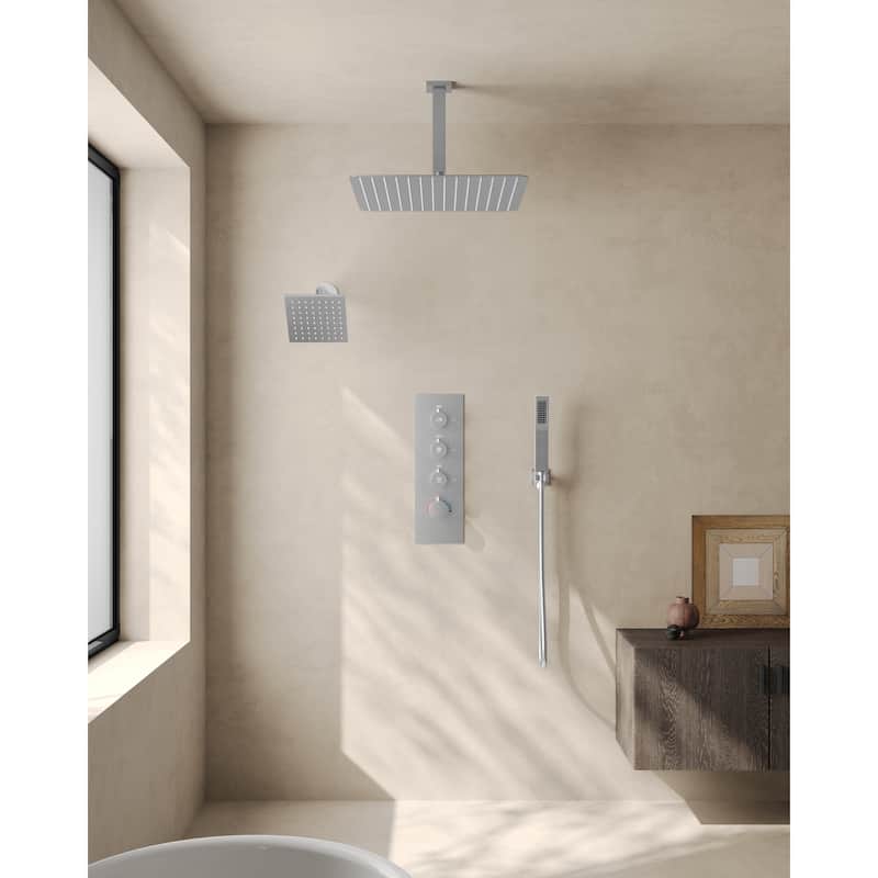 Dual Heads 16" Rainfall & High Pressure 6" Shower System w/ 3 Way Thermostatic Faucet 