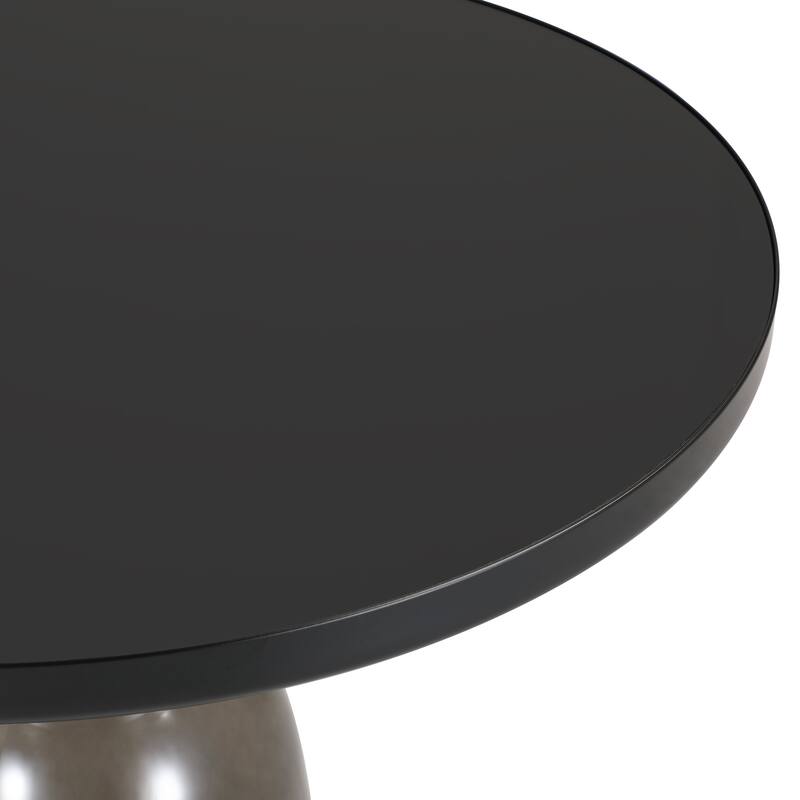 19-Inch Side Table Round Glass/Stone Tabletop End Table with Black Iron Rim and Glass Base