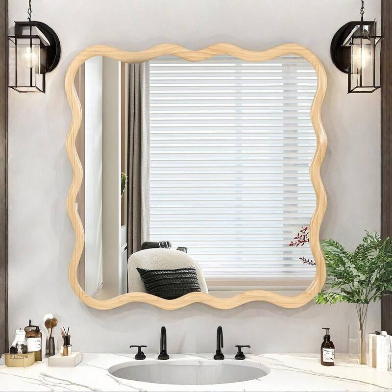 36" Modern Solid Wood Wavy Wall Decor Square Mirror - Natural Wood