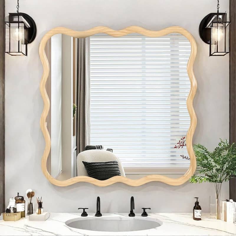 Solid Wood 36"x36" Wavy Frame Wall Mirror - Farmhouse-Style Vanity Mirror for Any Room Decor