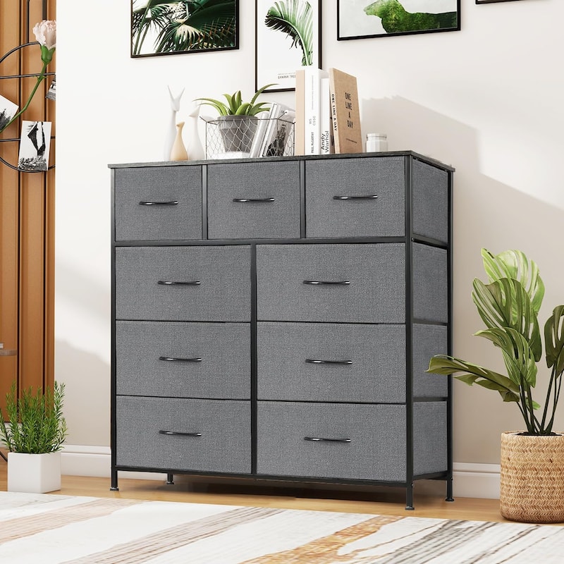 Dresser for Bedroom, Storage Organizer with 9 Drawers, Chest of Drawers with Fabric Bins, Sturdy Metal Frame, Wood Tabletop