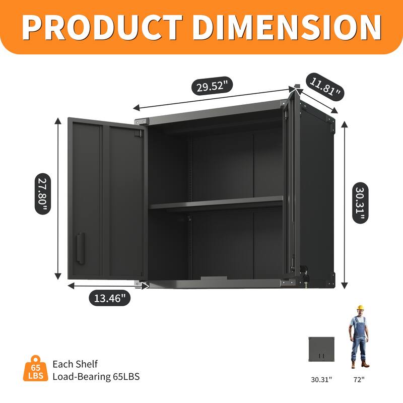 Dark Grey Alloy Steel Wall Cabinet Storage with Locking Door and Adjustable Shelf for Garage - 31.50”L x 11.81”W x 30.31”H