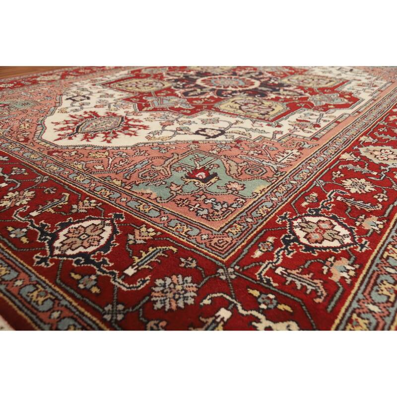 Hand Knotted Oriental 100% Wool Carpet Traditional Medallion Beige & Ivories Heriz (serapi) Area Rug - 12' 2'' X 8' 9''