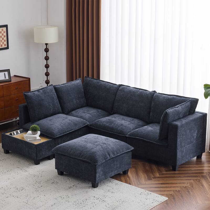U-Shaped Sectional Sofa with Ottoman, Coffee Table with Hidden Charging Devices, Oversized Chenille Upholstered Cloud Sofa
