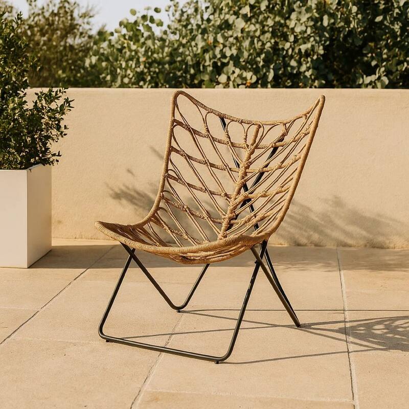 Fordy Outdoor Chair Set of 2, Curved Seat, Brown Rattan, Black Metal