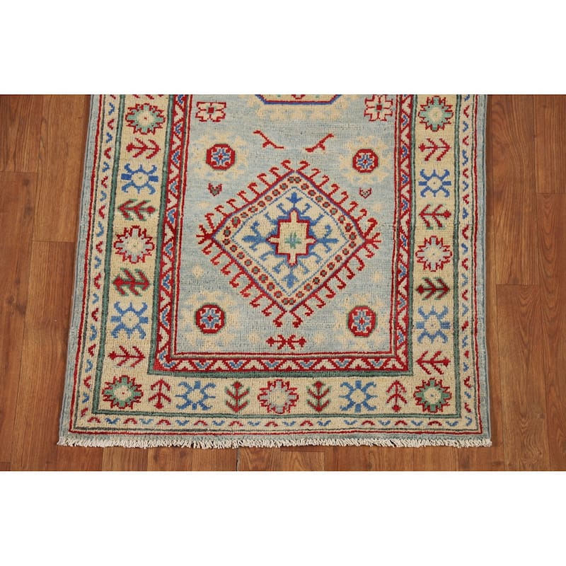 Light Blue Kazak Runner Rug Hand-Knotted Oriental Foyer Wool Carpet - 2'8" x 16'0"