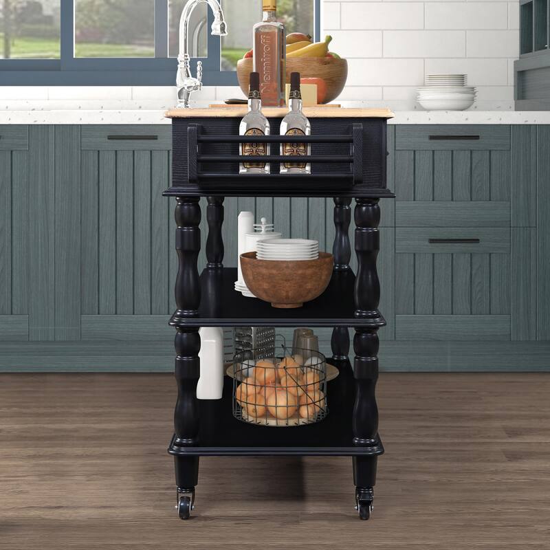 Rolling Kitchen Island Cart with Solid Oak Wood Top, Wine and Spice Rack