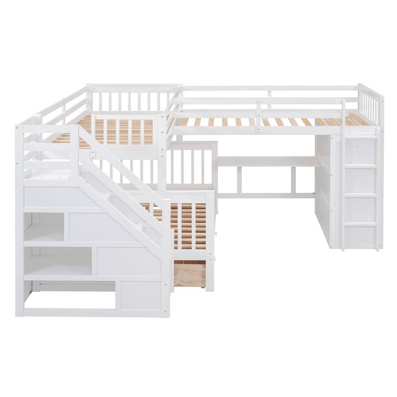 L-Shaped Twin Over Full Bunk Bed with Drawers, Desk, and Wardrobe, White