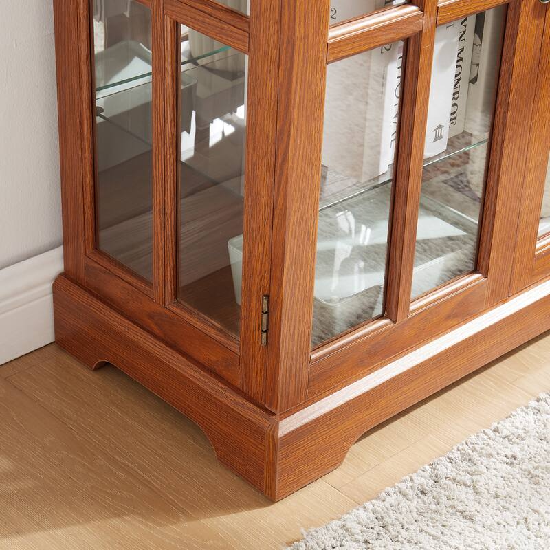 Curio Cabinet with Glass Doors, Lighted Display Cabinet with Adjustable Shelves & Mirrored Back, Wooden Accent Storage Cabinet
