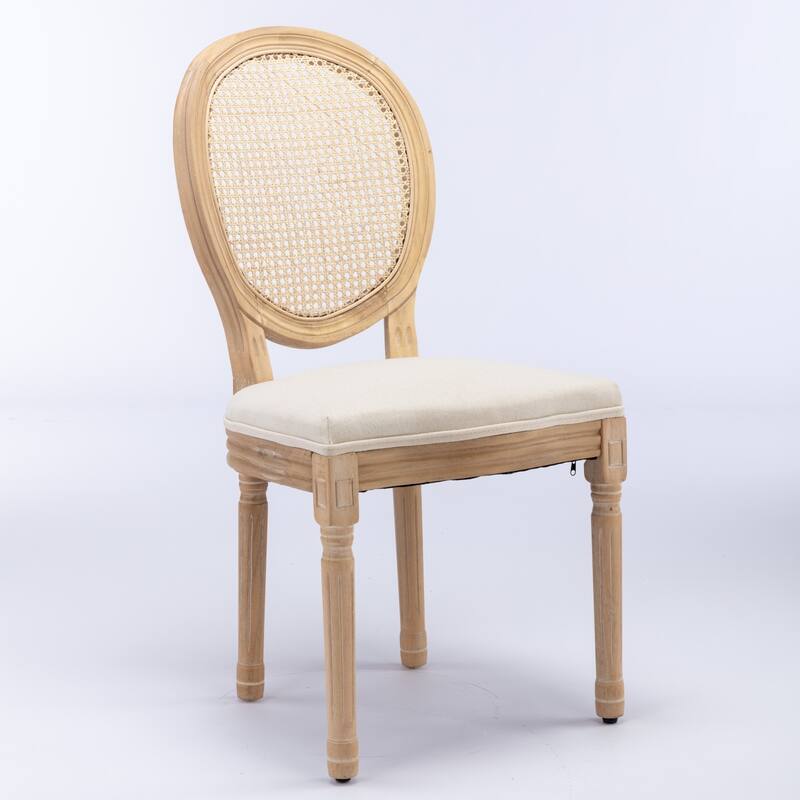 French Style Solid Wood Frame Linen Fabric Rattan Back Dining Chair,Set of 2