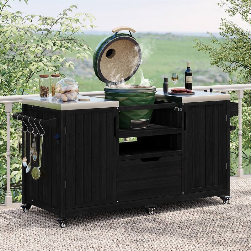 Outdoor Kitchen Island for Big Green Egg Grills, Solid Wood Outdoor Grill Cart w/Stainless Steel Top &Drawer, Patio Kitchen Cart