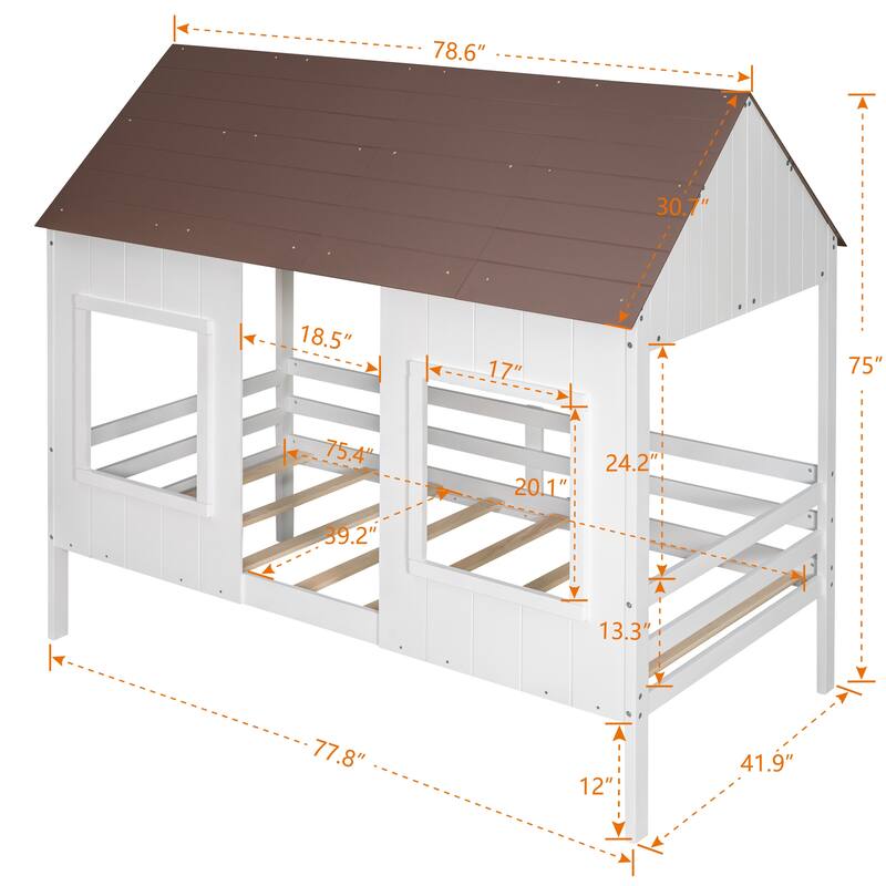 Tree House Style Twin Size Low Loft Bed with 2 Front Windows Solid Wood Slats Support Kids