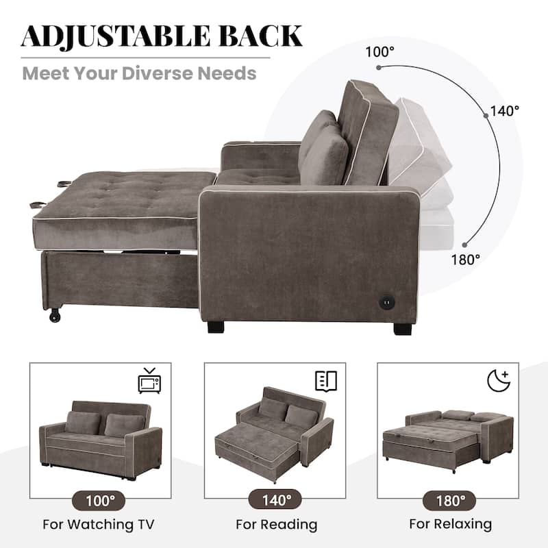 Pull Out Sleeper Bed, Sofa Bed Couch with USB Charging Port, Lounge Loveseat Sofa Daybed with Adjustable Backrest