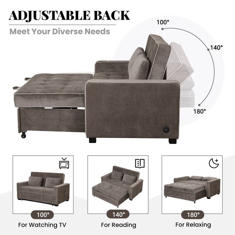 Upholstered Loveseat Pull Out Sofa Bed, Lounge Couch w2 Pillows & 2 USB Port, Adjustable Backrest Futon Sofa Tufted Couch