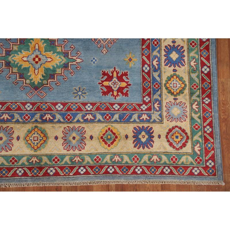 Hand Knotted Oriental 100% Wool Carpet Traditional Geometric Navy Blue & Blues Kazak Area Rug - 9' 6'' X 6' 8''
