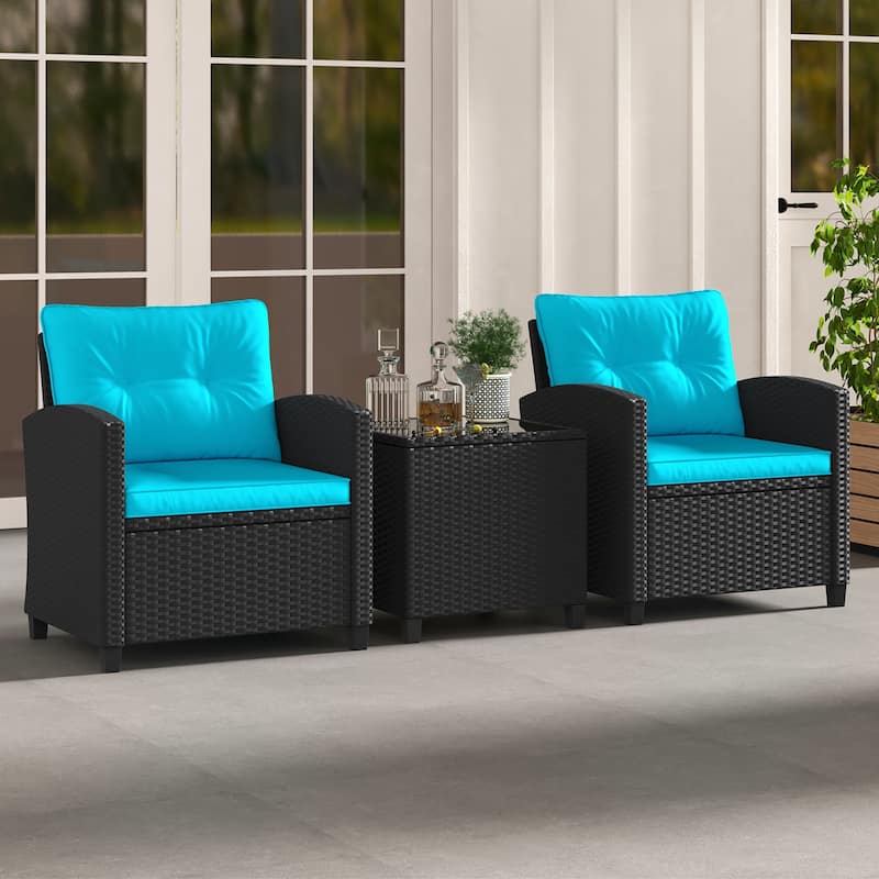 Gymax 3 PCS Patio Furniture Set w/Tempered Glass Coffee Table Washable
