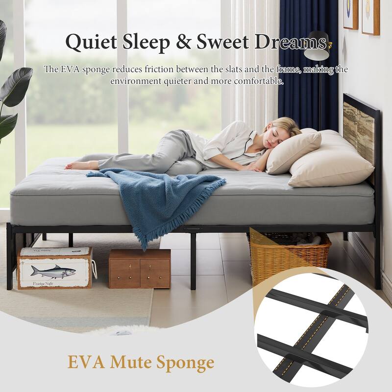 VECELO Platform Bed Frame with Wooden Headboard Heavy Duty Steel Slats Support No Box Spring Needed