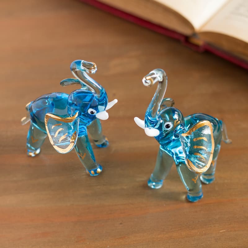 Novica Handmade Gilded Elephants Light Blue Blown Glass Figurines (Pair)