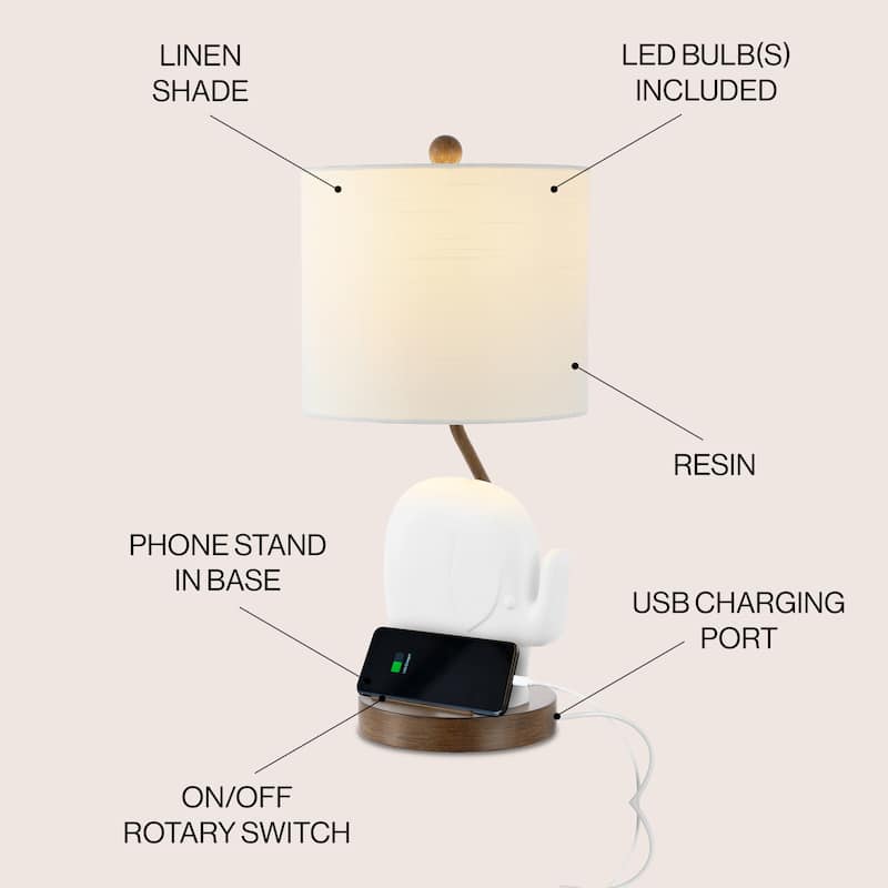 Campana 20.25" Bohemian Designer Iron/Resin Elephant LED Kids Table Lamp with Phone Stand and USB Charging Port, by JONATHAN Y
