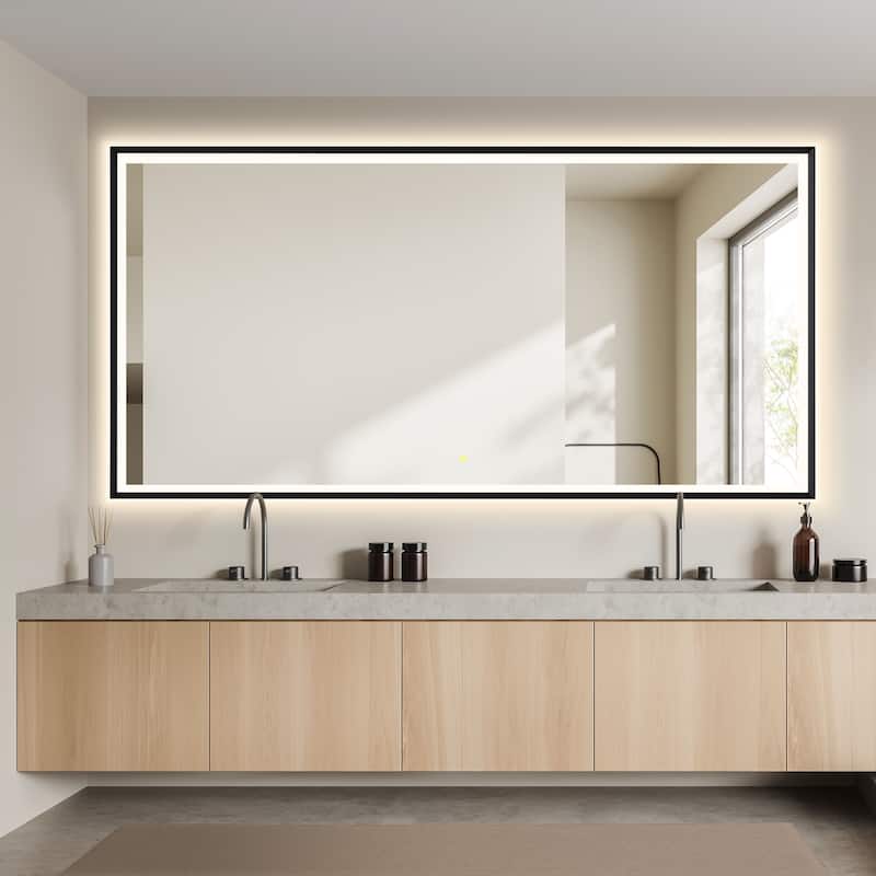 Apollo Rectangular Anti-Fog Dimmable Modern Bathroom/Vanity LED Lighted Wall Mirror in Matte Black Aluminum Framed