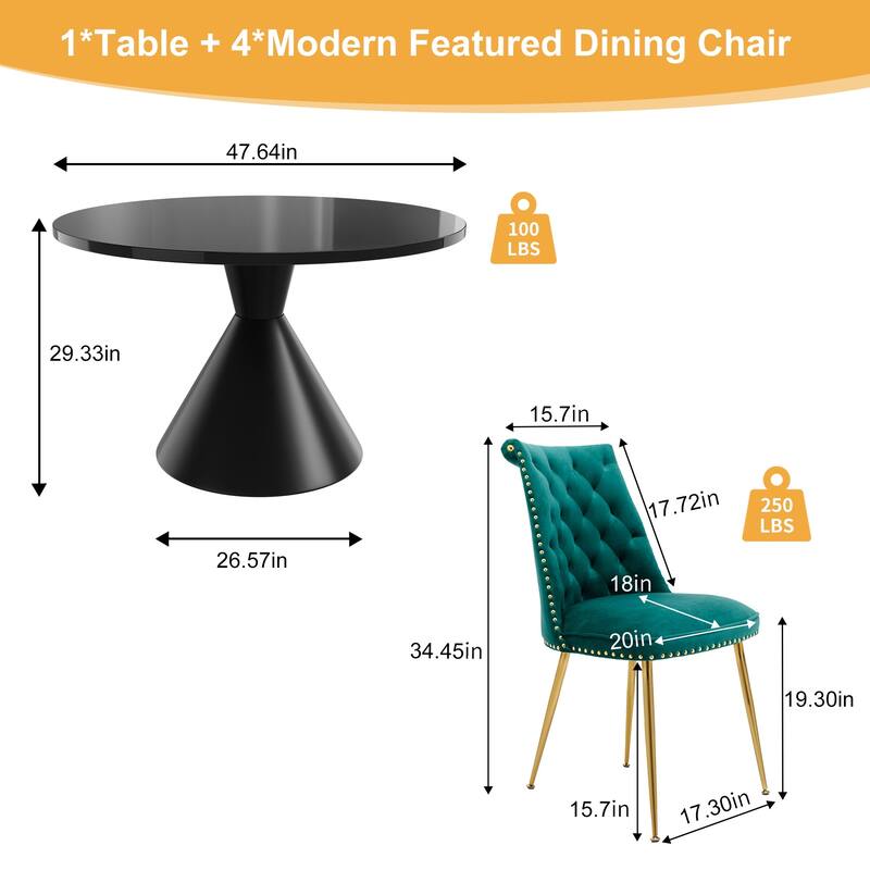 48" Light Luxury Black High Gloss Large Countertop Dining Table with Velvet Dining Chair Set
