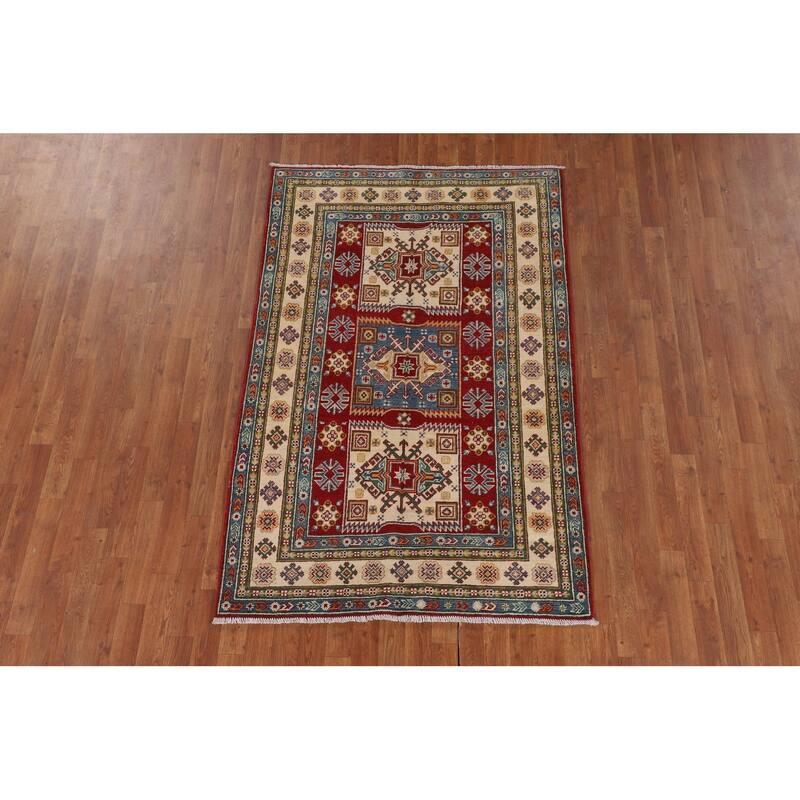 Geometric Red Kazak Area Rug Handmade Oriental Wool Carpet - 4'0" x 6'3"