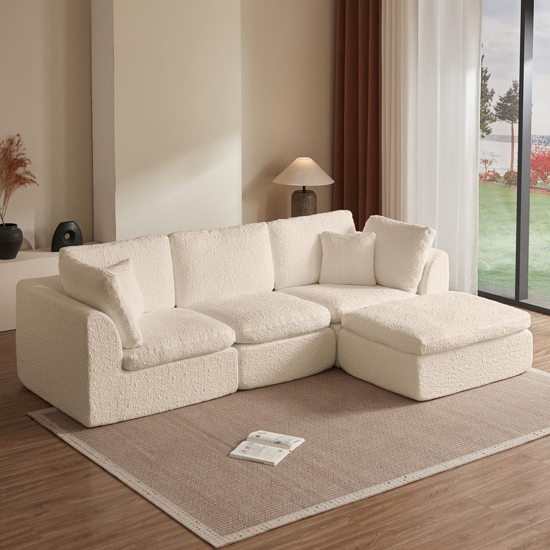 110" Modular L-Shape Cloud Sectional Sofa with Ottoman, 7 Pillows & Non-Slip Design - Beige