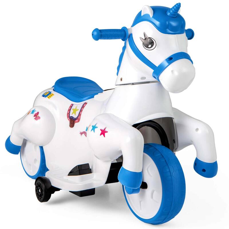 12V Ride on Toys Unicorn Battery Powered Ride on Car w/Training Wheels - Blue & White