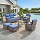 preview thumbnail 122 of 189, Pocassy Outdoor Wicker Sofa with Swivel Chair Fire Pit Table Furniture Set. Brown Wicker & Blue Cushion - 6 Pieces Sofa Swivel Chair Ottoman w/ Table