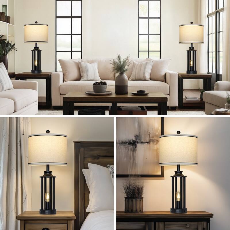 27.5'' Black Industrial Table Lamp with USB-C & AC Outlet, Dual Lighting, Metal Frame(Set of 2) - 12.5''x 12.5'' x 27.5''