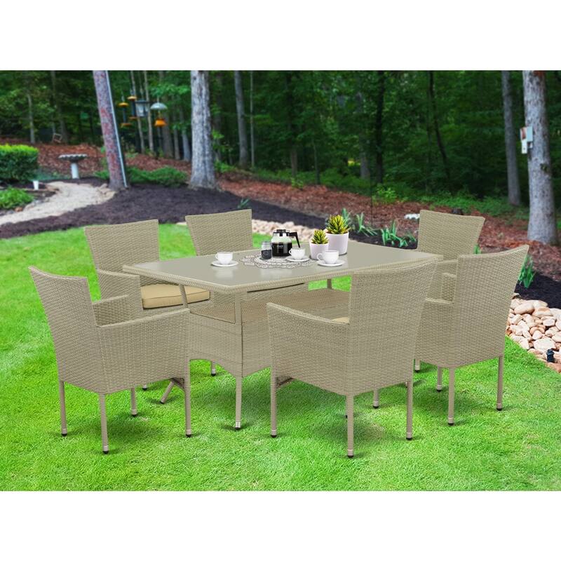 HomeStock 7-Piece Natural Oak Finish Solid Wood Top Dining Table with 6 Chairs with Lattice Back