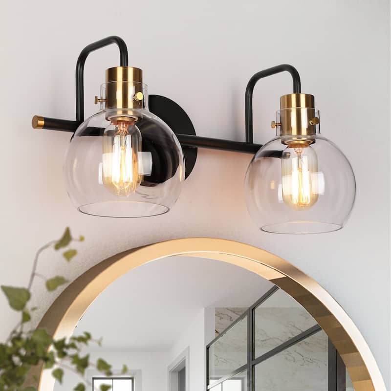 Modern 2-Light Black Gold Bathroom Vanity Light Wall Sconce with Clear Glass - 14.5" L x 8" W x 8.5" H