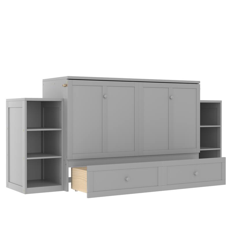 Queen Murphy Bed with Storage Drawers & Shelves for Guest Room