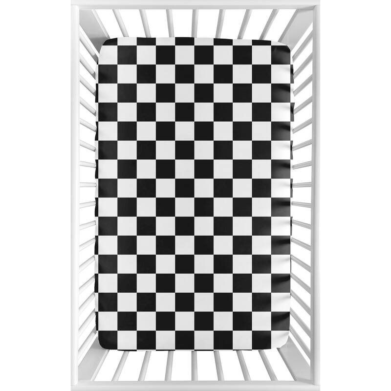 Sweet Jojo Designs Black & White Gingham Checkered Plaid Boy, Girl, Unisex/Gender Neutral Fitted Mini Portable Crib Sheet- Retro