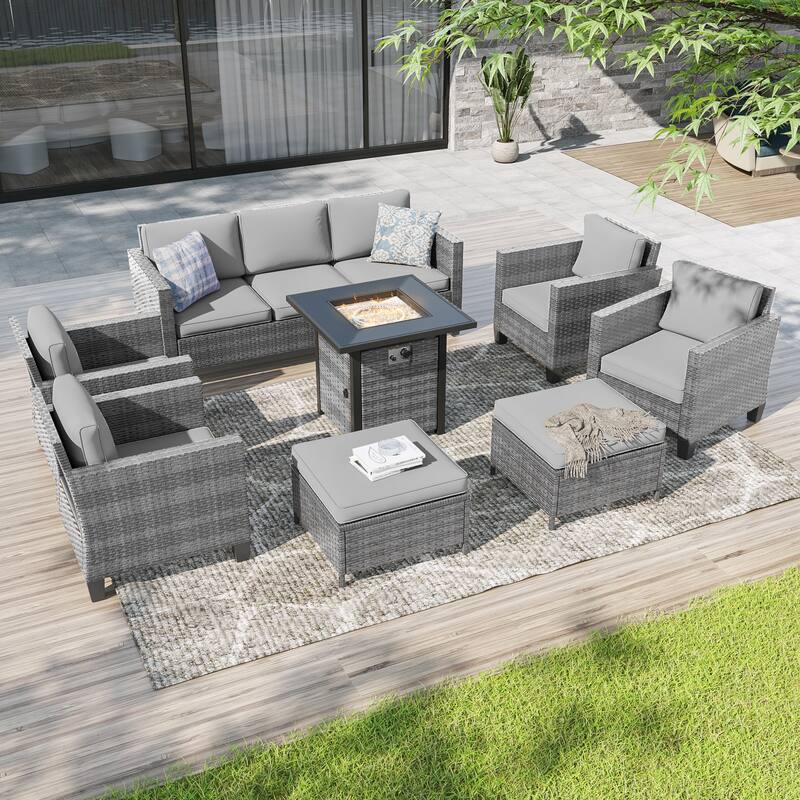 Livoosun 8 Pieces Patio Sofa with 28'' Fire Table Set, PE Wicker, Wide Armrests High Back Sofa Chair Design for Lawn, Patio - Gray Wicker/Gray Cushion