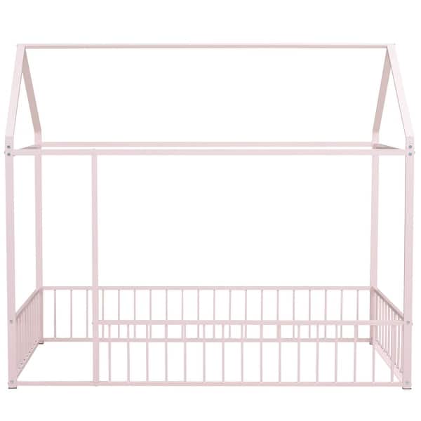 slide 2 of 30, Metal Twin House Bed with Fence - Perfect for Kids