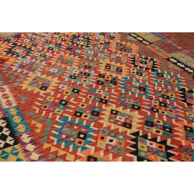 Orange Kilim Oriental Area Rug Hand-Woven Geometric Wool Carpet - 8'0"x 11'8"