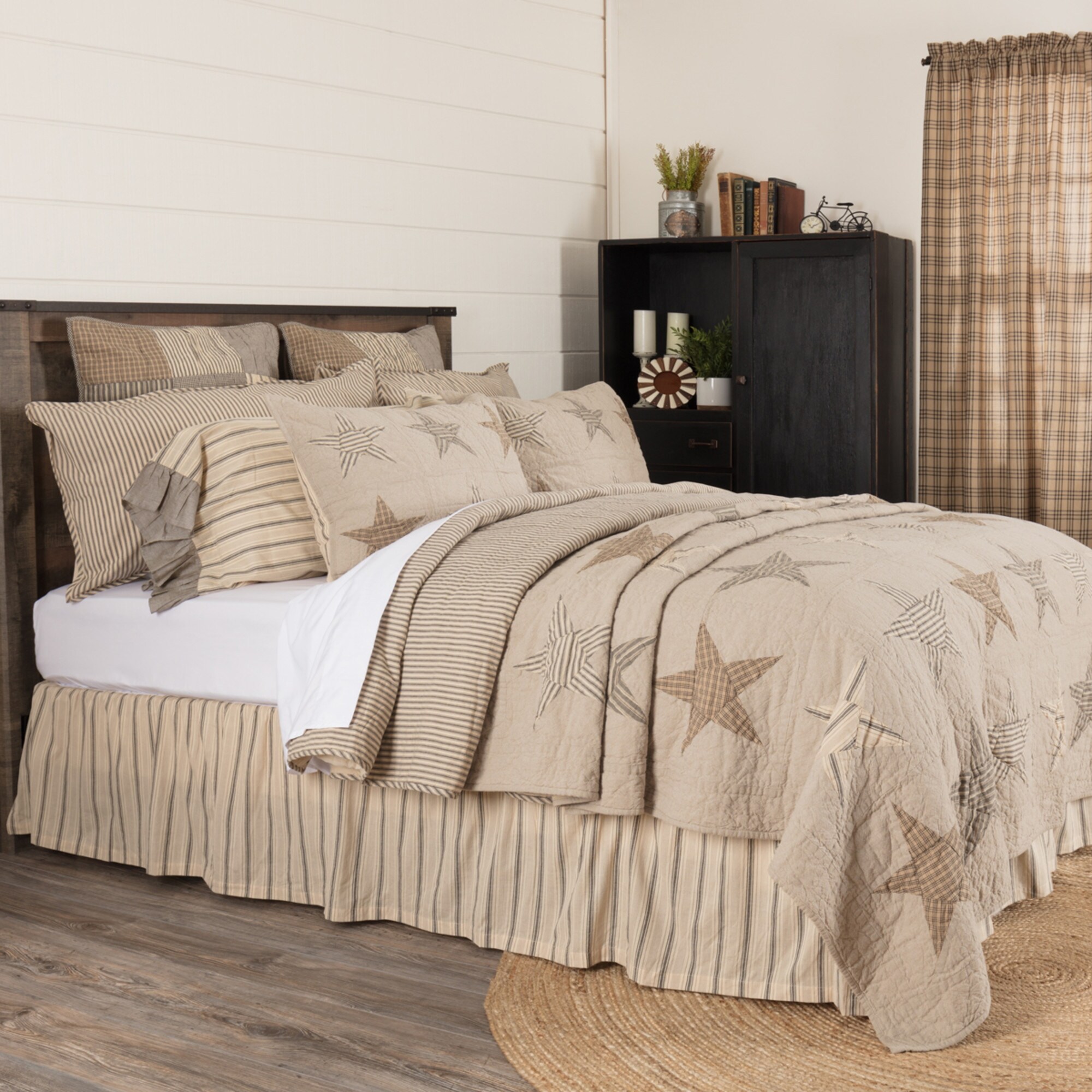 DELAWARE STAR PATCHWORK Quilted Throw Primitive Farmhouse Plaid Khaki Tan VHC 