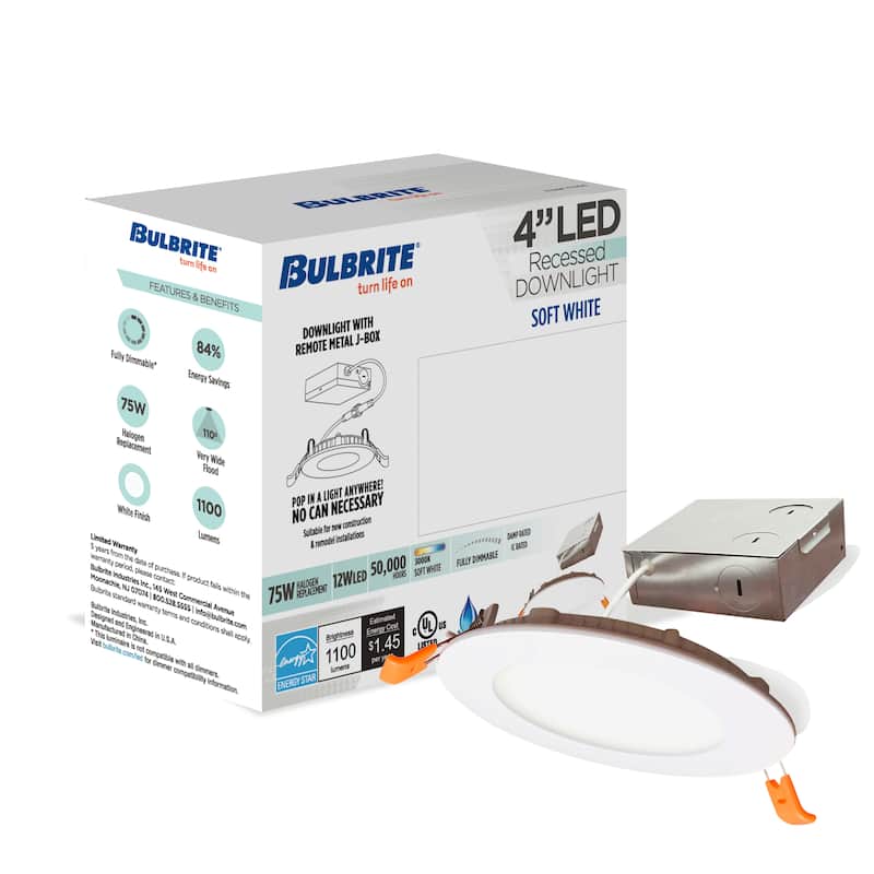 Bulbrite Pack of (4) 12 Watt LED 4" Round Recessed Downlight Fixture with Metal J-Box, 3000 Warm Soft Light, 1100 Lumens