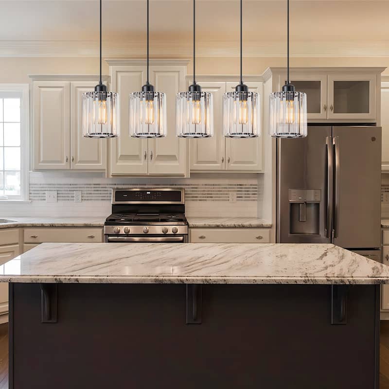 Starsky 5-Light 32in. Modern Crystal Linear Chandelier Cluster Cylinder Glass Kitchen Island Light